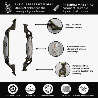 DIY Décor Hub 3.75 inch Antique Brass Floral Design Cabinet Handles, Set of 10