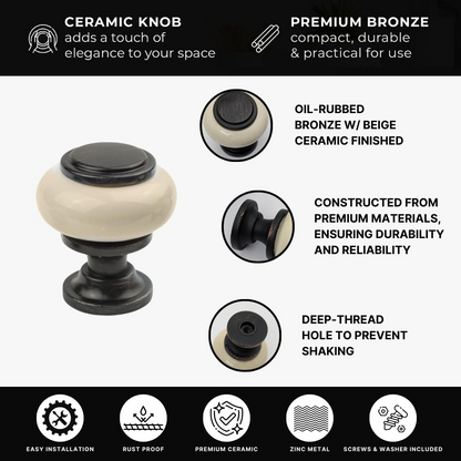 DIY Décor Hub - Small Oil-Rubbed Bronze with Beige Ceramic Cabinet Knobs, 10-Pack
