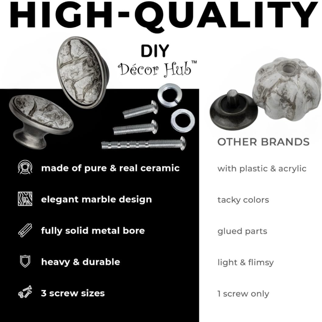 DIY Décor Hub Antique Silver Oval Knobs w/Gray Marble Accent for Cabinet & Drawers (20)