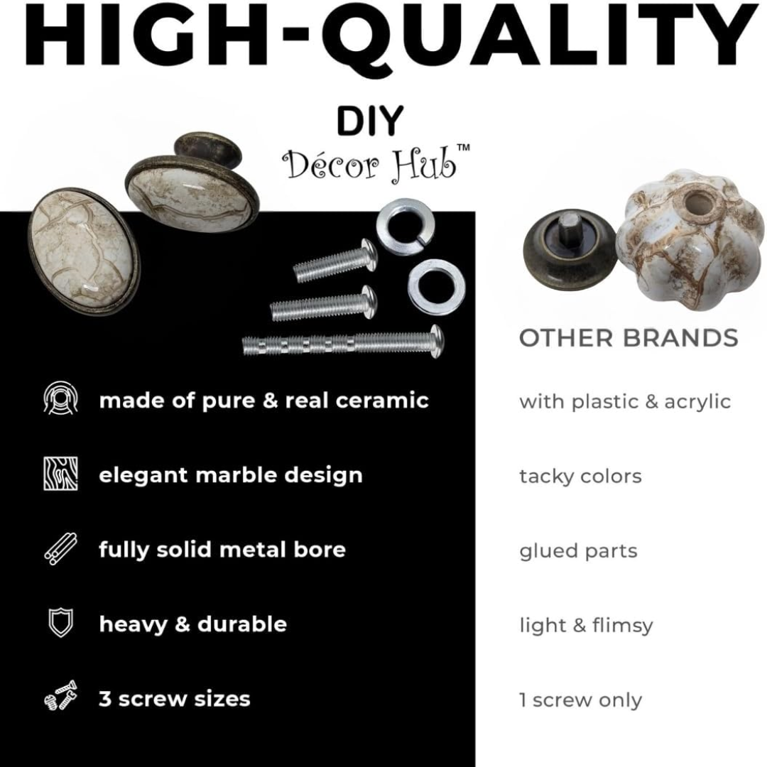 DIY Décor Hub: 10 Antique Brass Ceramic Oval Knobs with a Brown Marble Accent