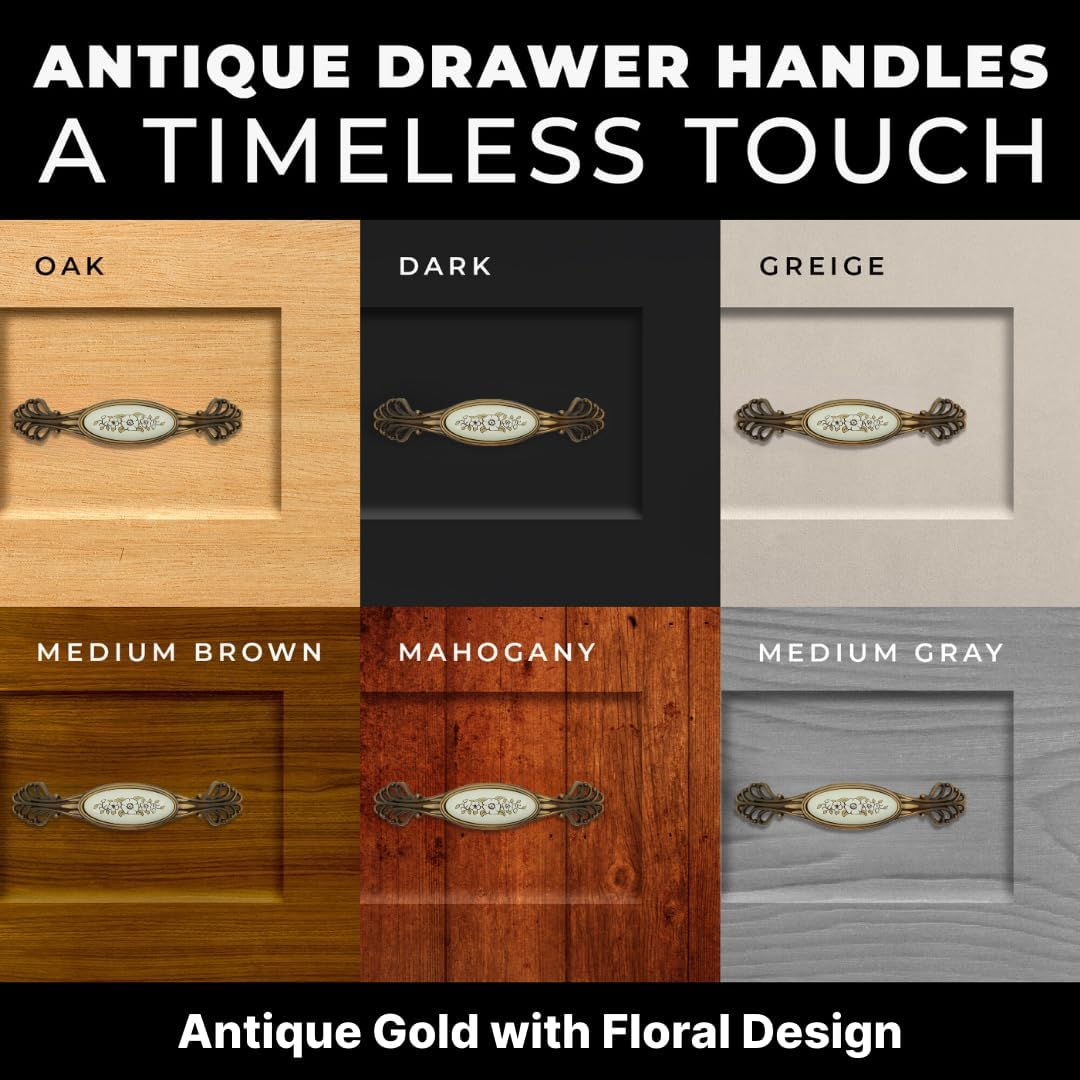 DIY Décor Hub - 5-inch Antique Gold with Floral Design Cabinet Handles, Set of 10