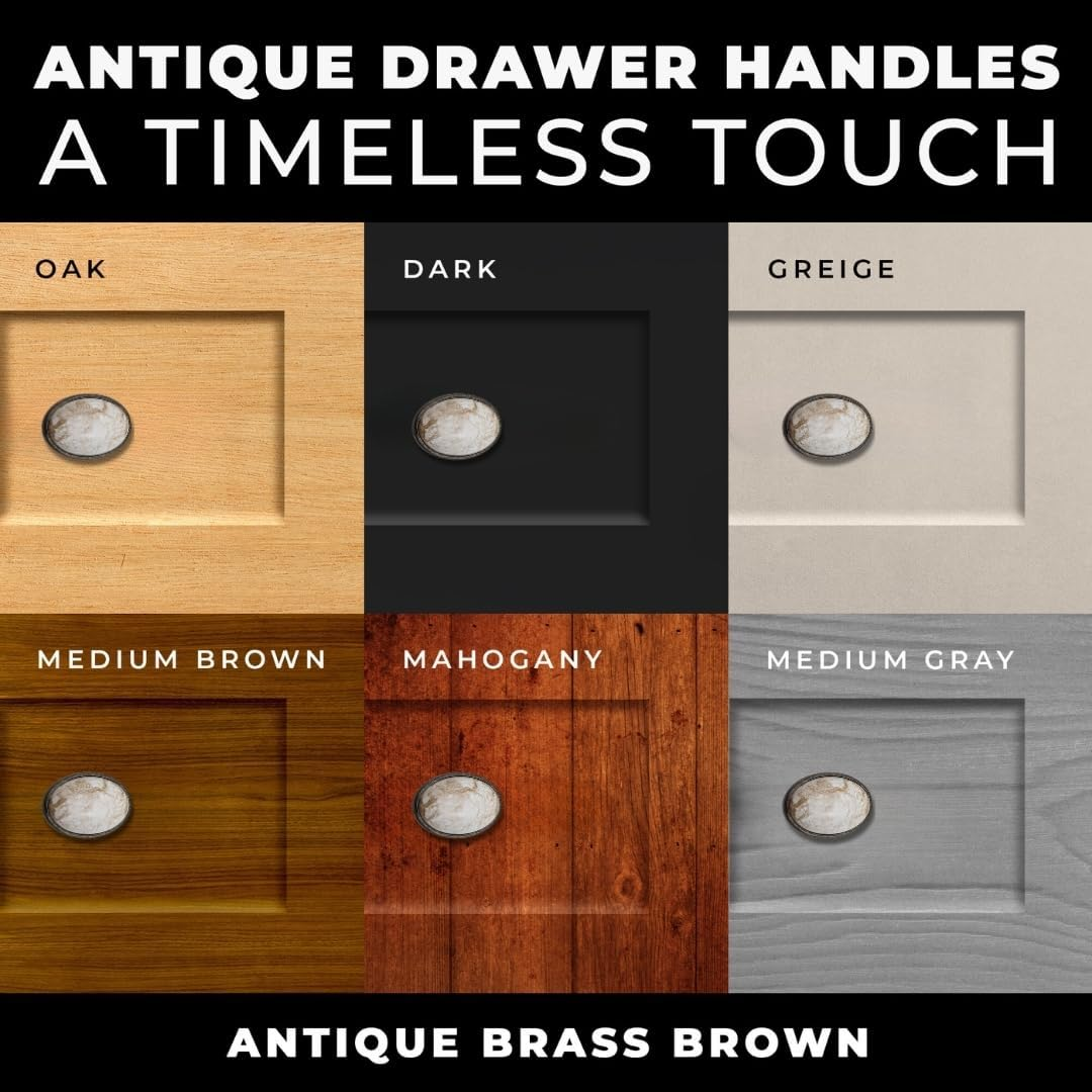 DIY Décor Hub: 10 Antique Brass Ceramic Oval Knobs with a Brown Marble Accent