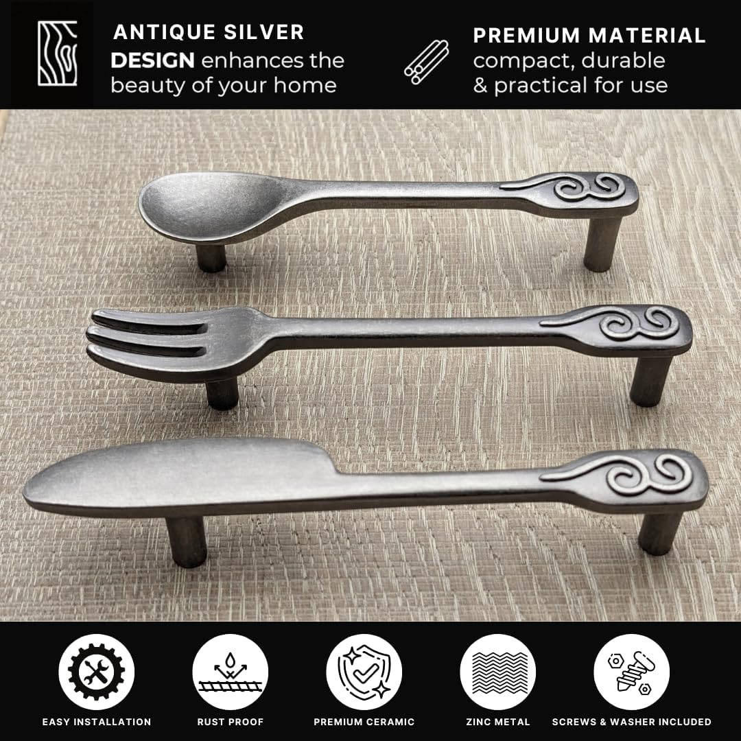 DIY Décor Hub - Kitchen Cabinet Handles Antique Silver, Spoon-Fork-Knife 5 Each (15 Total) 3 3/4 Inch Hole Center