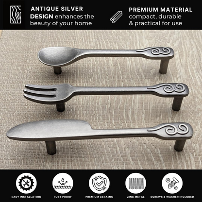 DIY Décor Hub - Kitchen Cabinet Handles Antique Silver, Spoon-Fork-Knife 5 Each (15 Total) 3 3/4 Inch Hole Center