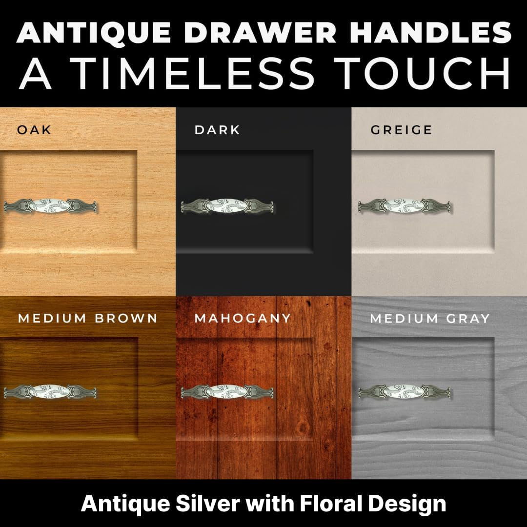 DIY Décor Hub 3.75-inch Antique Silver with Gray Floral Design Cabinet Handles, Set of 10