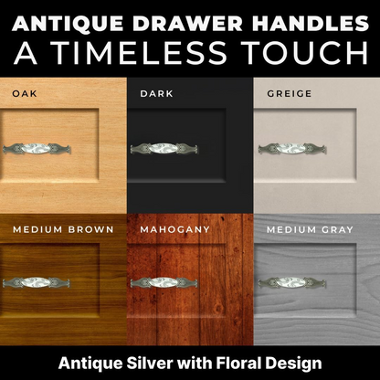 DIY Décor Hub 3.75-inch Antique Silver with Gray Floral Design Cabinet Handles, Set of 10